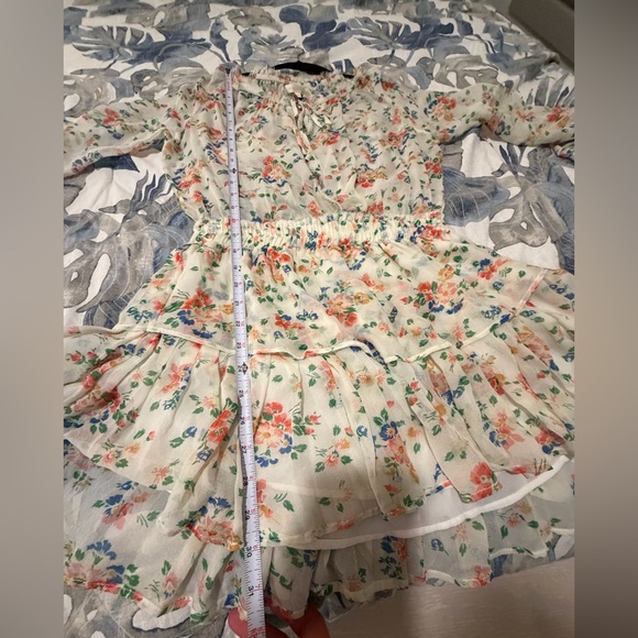 LoveShackFancy SILK Cream Floral Mini Dress Long Sleeve with Tiered Skirt - Picture 7 of 10